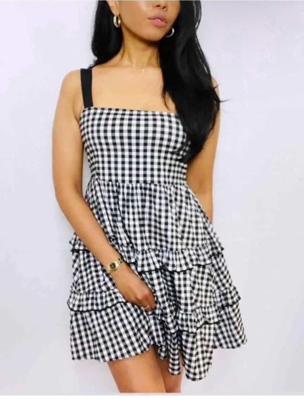 Zara Black White Gingham Tiered Babydoll Mini Dress Cottagecore Size M
